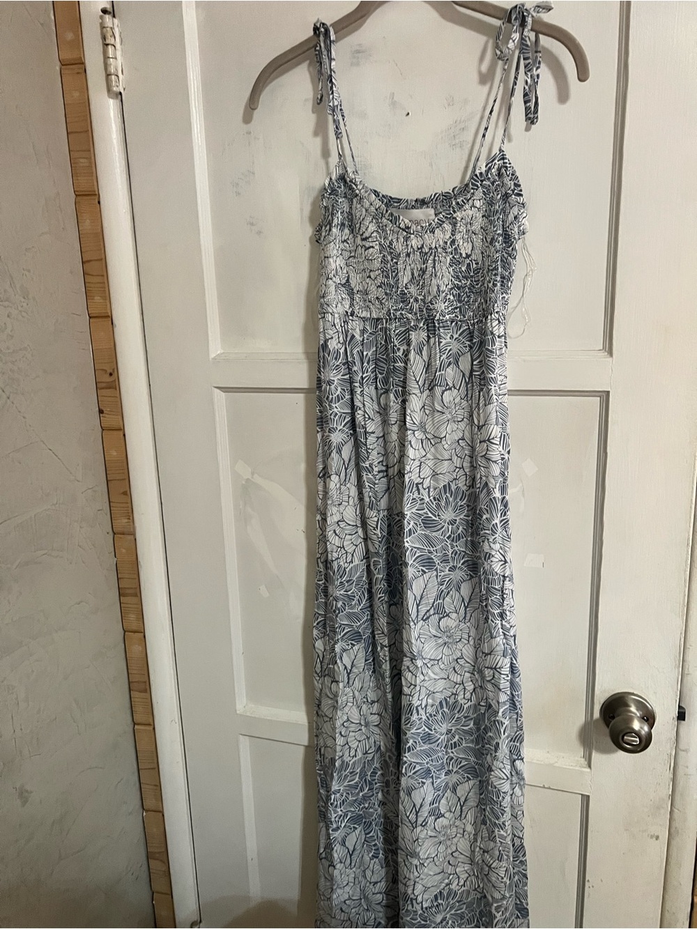 Floral Smocked Maxi Dress with Tie Straps - White & Blue